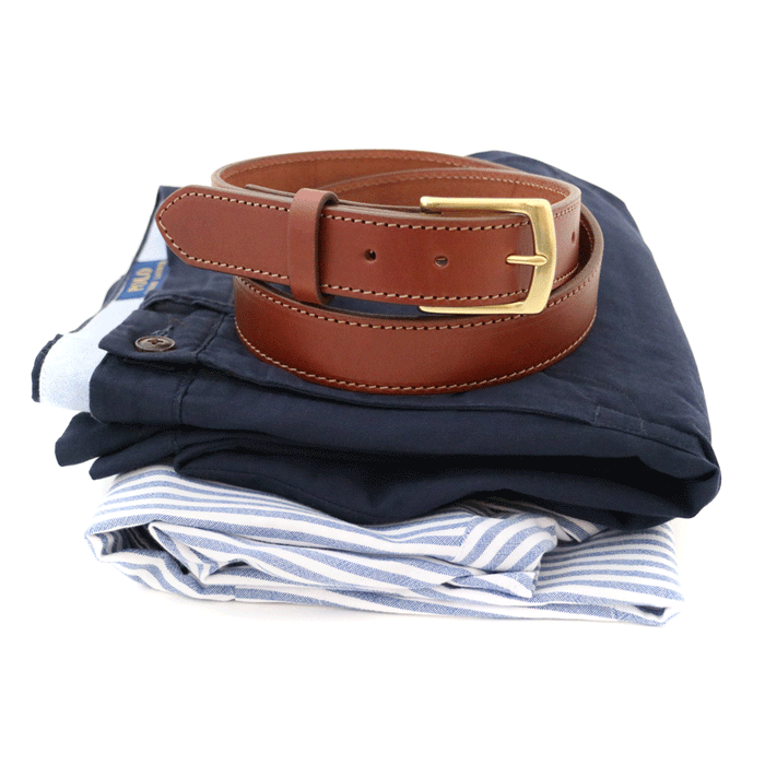 Narrow Cut Leather Dress Belt - Brass Buckle